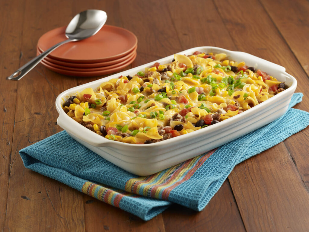 Egg noodles with beef, southwest vegetables, and taco seasoning