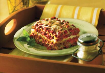 No-boil classic lasagna with layers of noodles, tomato sauce, ground beef, and cheese