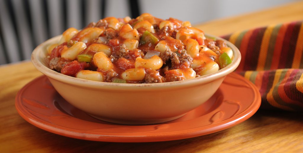 Italian stew with jumbo elbows, ground beef, and diced tomatoes in a tomato sauce